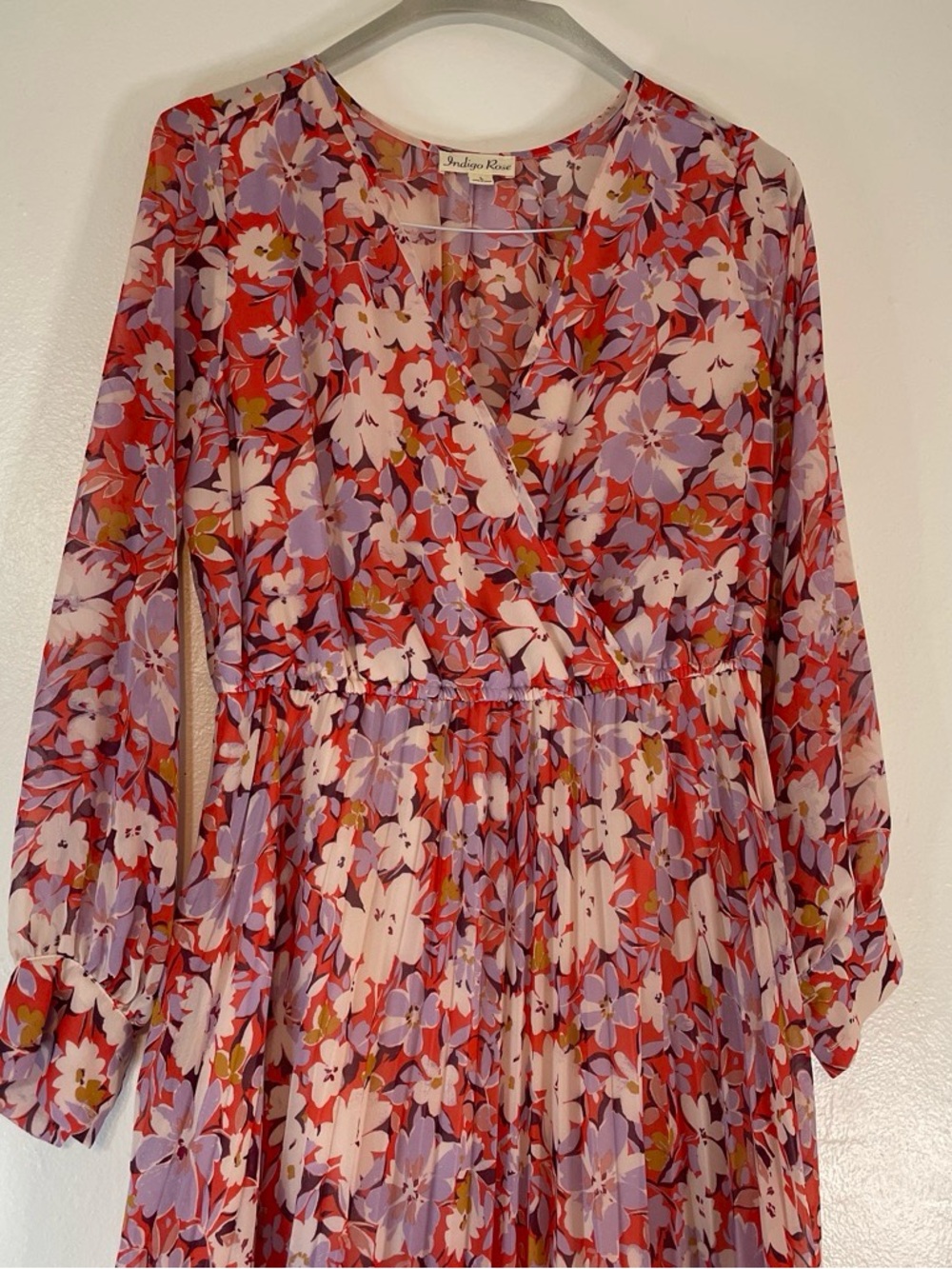 Feminine Floral V-neck, maxi dress in Coral, Lavender & Pink with pleats Sz. L